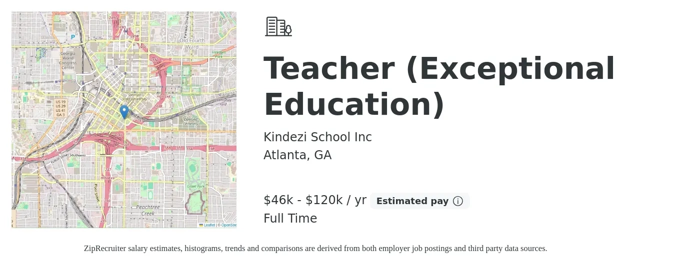 Kindezi School Inc job posting for a Teacher (Exceptional Education) in Atlanta, GA with a salary of $46,000 to $120,000 Yearly with a map of Atlanta location.