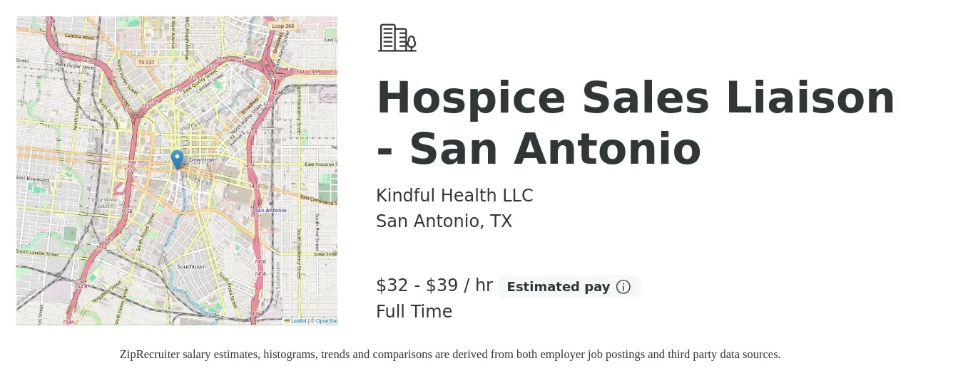 Kindful Health LLC job posting for a Hospice Sales Liaison - San Antonio in San Antonio, TX with a salary of $70,000 to $85,000 Yearly with a map of San Antonio location.
