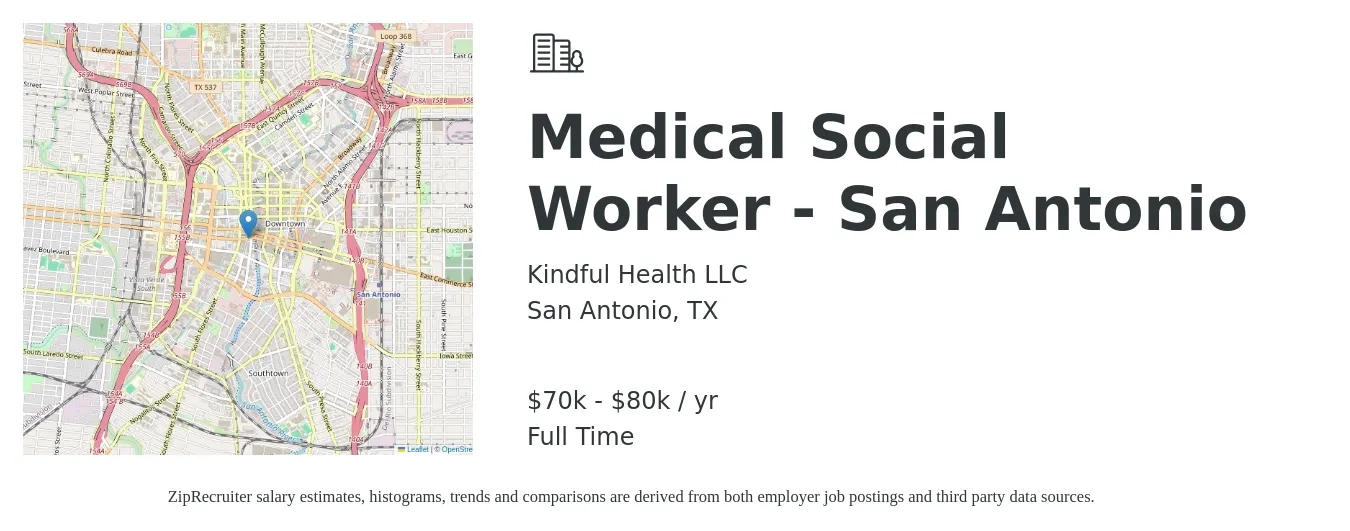 Kindful Health LLC job posting for a Medical Social Worker - San Antonio in San Antonio, TX with a salary of $70,000 to $80,000 Yearly with a map of San Antonio location.