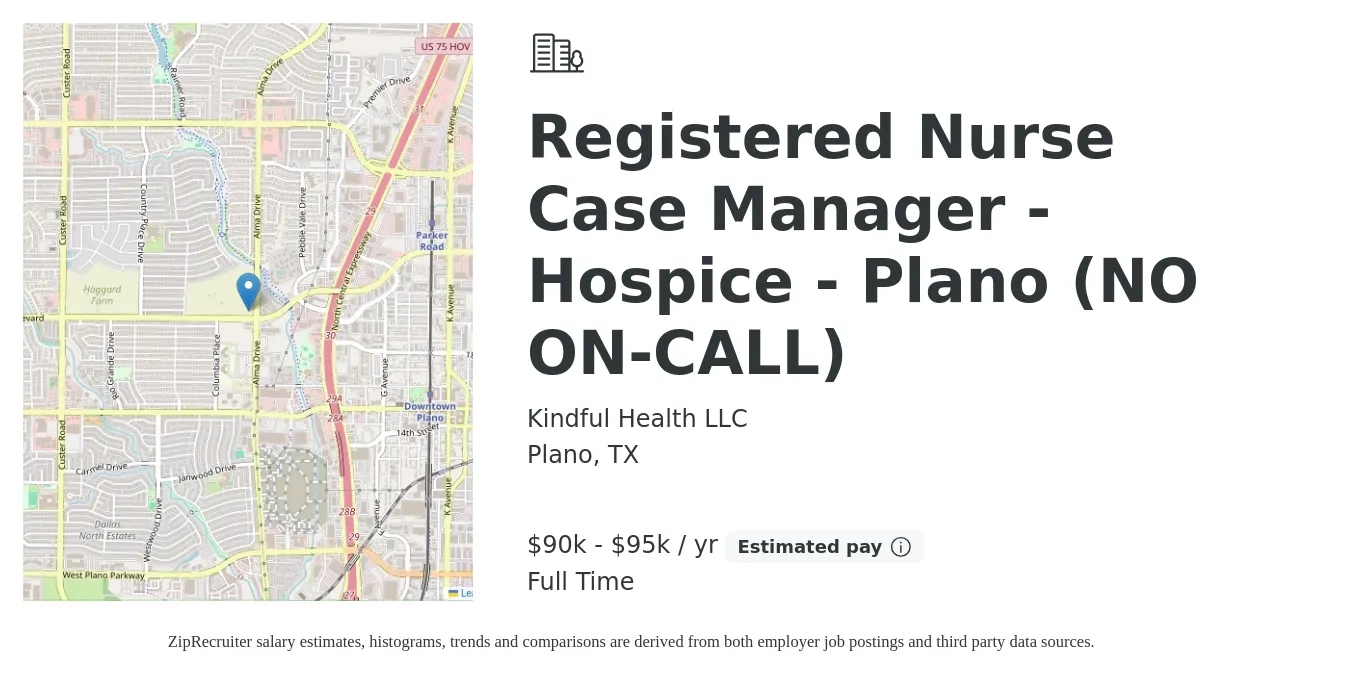 Kindful Health LLC job posting for a Registered Nurse Case Manager - Hospice - Plano (NO ON-CALL) in Plano, TX with a salary of $90,000 to $95,000 Yearly with a map of Plano location.