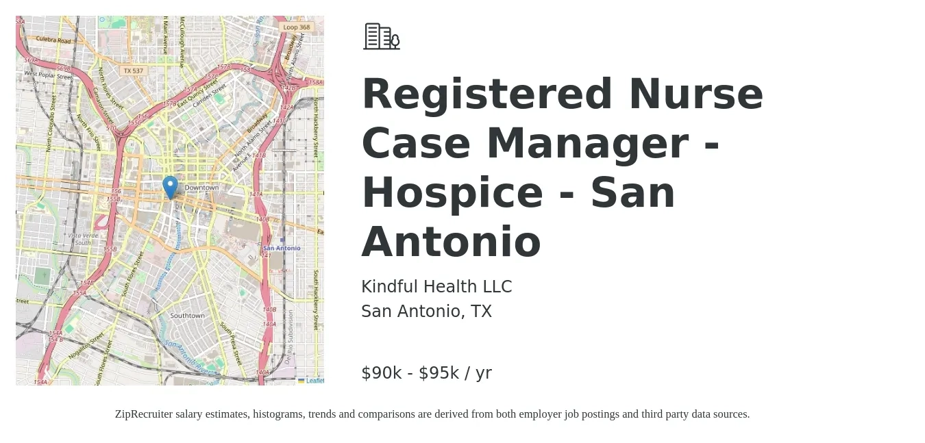 Kindful Health LLC job posting for a Registered Nurse Case Manager - Hospice - San Antonio in San Antonio, TX with a salary of $90,000 to $95,000 Yearly with a map of San Antonio location.