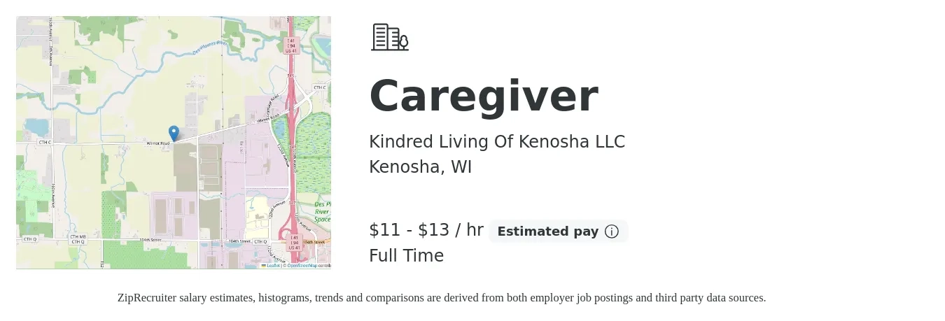 Kindred Living Of Kenosha LLC job posting for a Caregiver in Kenosha, WI with a salary of $12 to $14 Hourly with a map of Kenosha location.