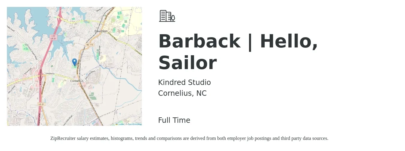 Kindred Studio job posting for a Barback | Hello, Sailor in Cornelius, NC with a salary of $7 Hourly with a map of Cornelius location.