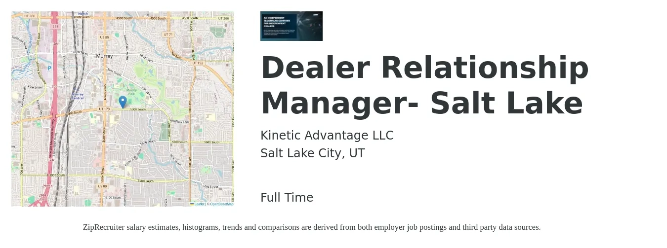 KINETIC ADVANTAGE LLC job posting for a Dealer Relationship Manager- Salt Lake in Salt Lake City, UT with a salary of $48,900 to $102,100 Yearly with a map of Salt Lake City location.