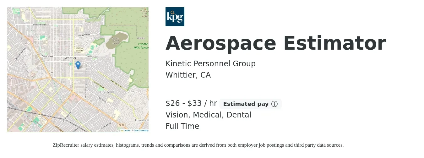Kinetic Personnel Group job posting for a Aerospace Estimator in Whittier, CA with a salary of $28 to $35 Hourly and benefits including dental, medical, pto, retirement, and vision with a map of Whittier location.