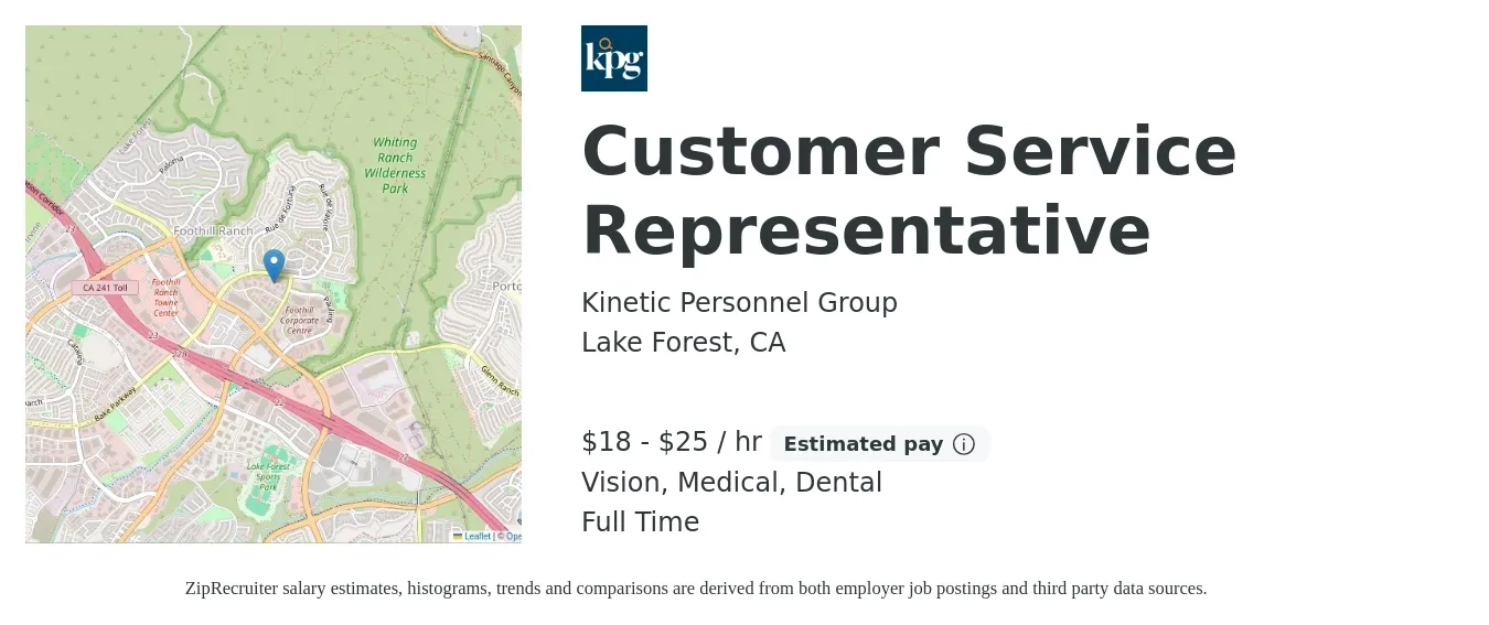 Kinetic Personnel Group job posting for a Customer Service Representative in Lake Forest, CA with a salary of $19 to $26 Hourly and benefits including dental, life_insurance, medical, pto, and vision with a map of Lake Forest location.