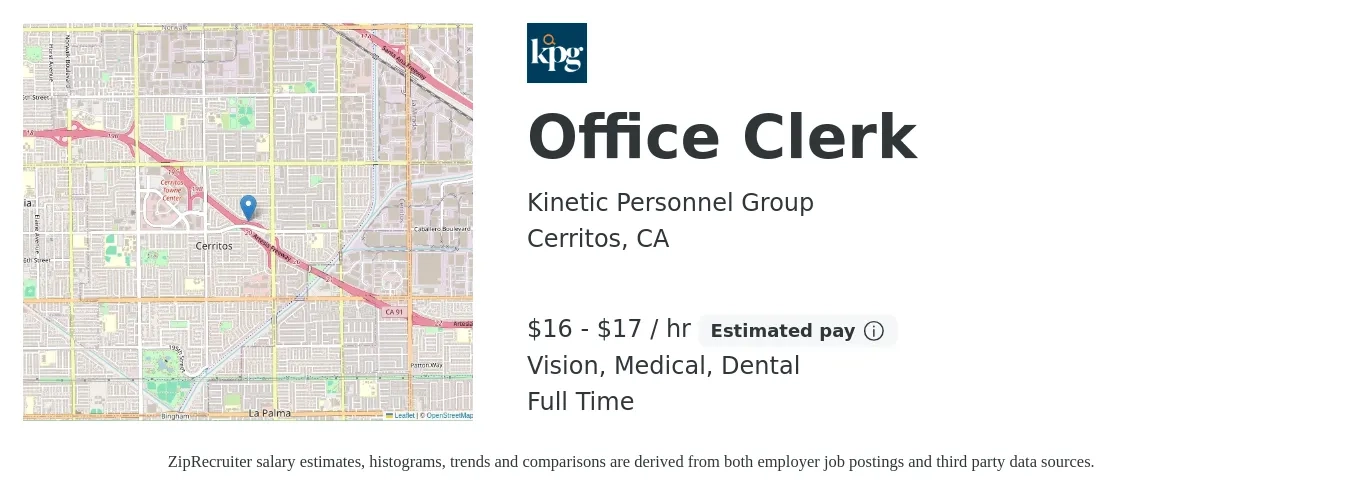 Kinetic Personnel Group job posting for a Office Clerk in Cerritos, CA with a salary of $17 to $18 Hourly and benefits including medical, vision, and dental with a map of Cerritos location.