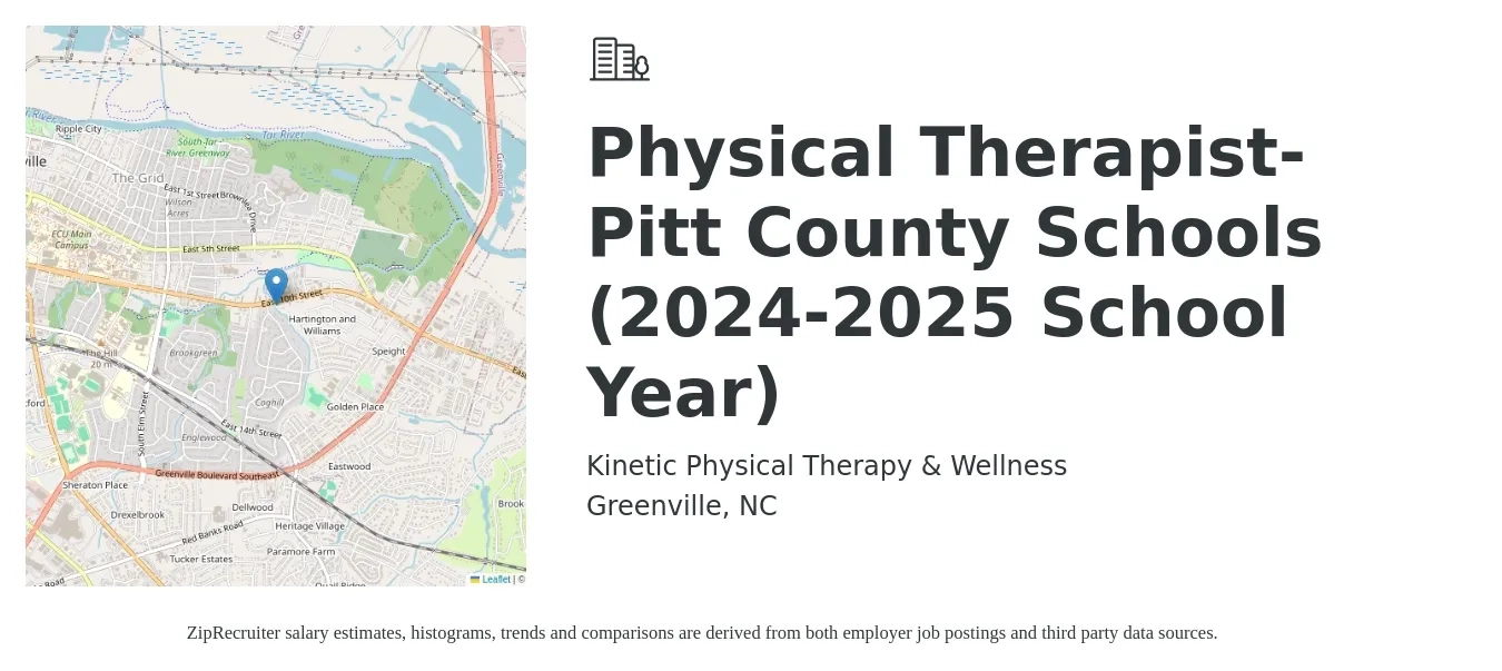 Kinetic Physical Therapy & Wellness job posting for a Physical Therapist-Pitt County Schools (2024-2025 School Year) in Greenville, NC with a salary of $1,480 to $1,920 Weekly with a map of Greenville location.
