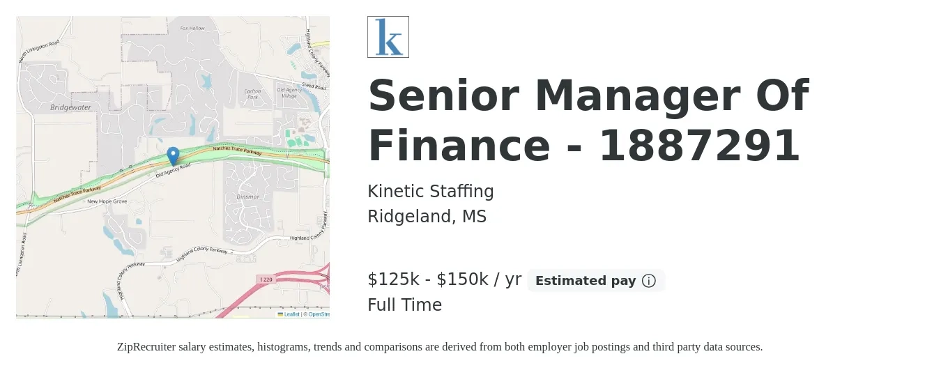 Kinetic Staffing job posting for a Senior Manager Of Finance - 1887291 in Ridgeland, MS with a salary of $125,000 to $150,000 Yearly with a map of Ridgeland location.