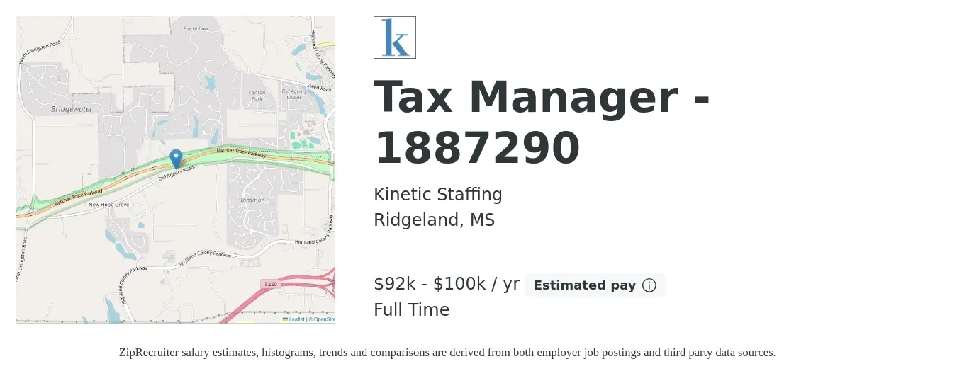 Kinetic Staffing job posting for a Tax Manager - 1887290 in Ridgeland, MS with a salary of $92,000 to $100,000 Yearly with a map of Ridgeland location.