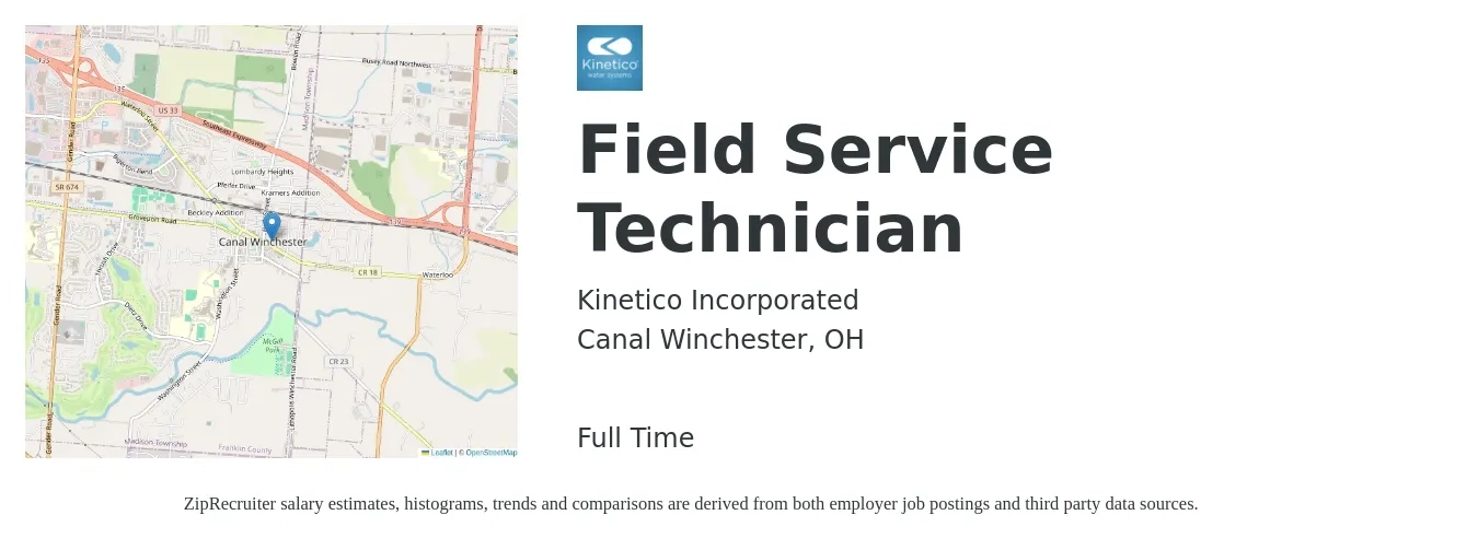 Kinetico Incorporated job posting for a Field Service Technician in Canal Winchester, OH with a salary of $19 to $28 Hourly with a map of Canal Winchester location.