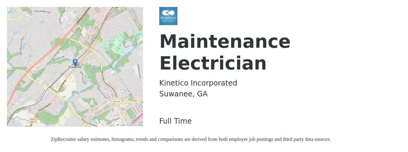 Kinetico Incorporated job posting for a Maintenance Electrician in Suwanee, GA with a salary of $26 to $34 Hourly with a map of Suwanee location.