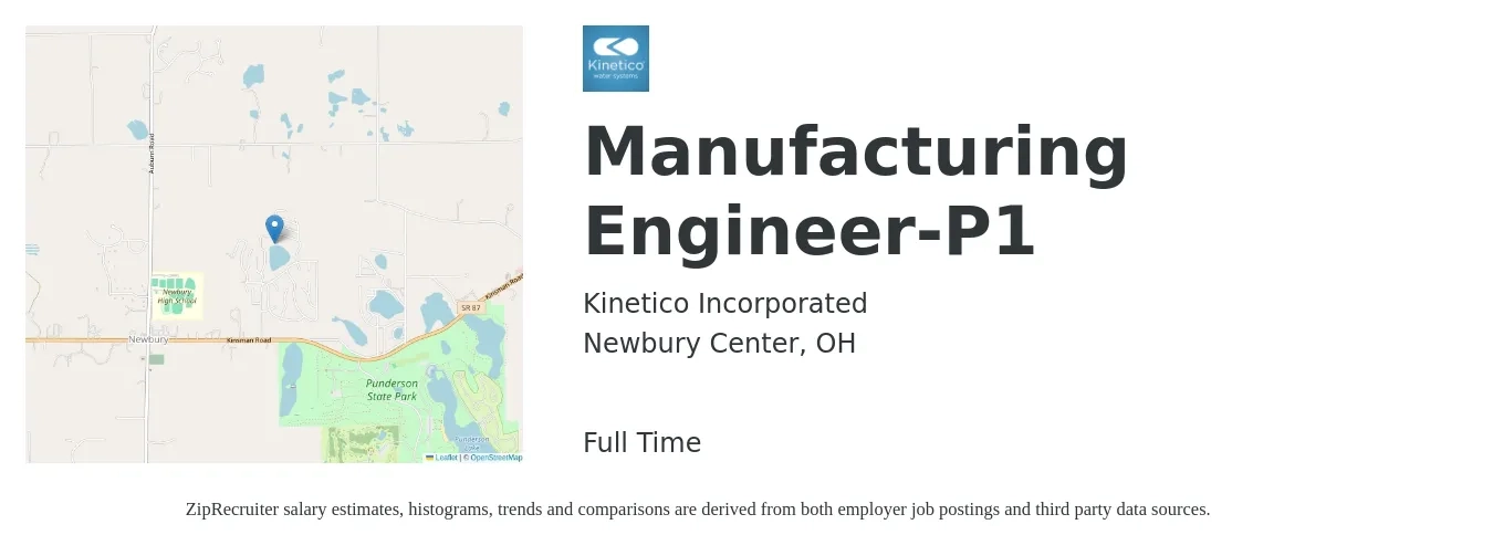 Kinetico Incorporated job posting for a Manufacturing Engineer-P1 in Newbury Center, OH with a salary of $69,000 to $88,800 Yearly with a map of Newbury Center location.