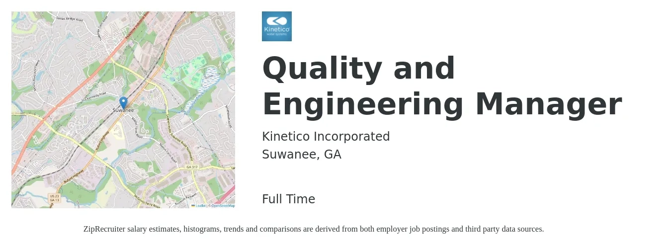 Kinetico Incorporated job posting for a Quality and Engineering Manager in Suwanee, GA with a salary of $85,600 to $121,900 Yearly with a map of Suwanee location.