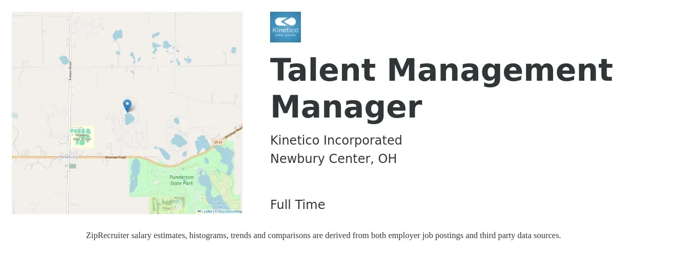 Kinetico Incorporated job posting for a Talent Management Manager in Newbury Center, OH with a salary of $63,800 to $102,000 Yearly with a map of Newbury Center location.