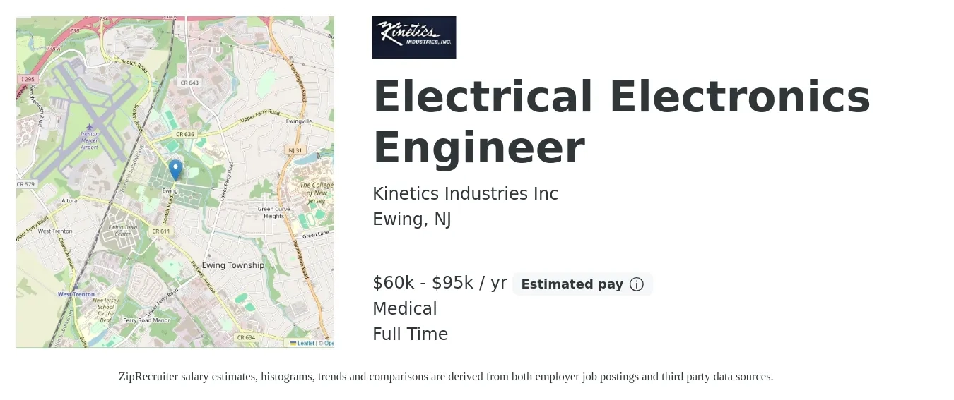 Kinetics Industries Inc job posting for a Electrical Electronics Engineer in Ewing, NJ with a salary of $60,000 to $95,000 Yearly and benefits including medical, pto, and retirement with a map of Ewing location.
