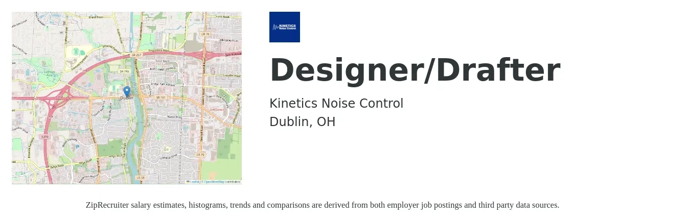 Kinetics Noise Control job posting for a Designer/Drafter in Dublin, OH with a salary of $47,200 to $67,000 Yearly with a map of Dublin location.