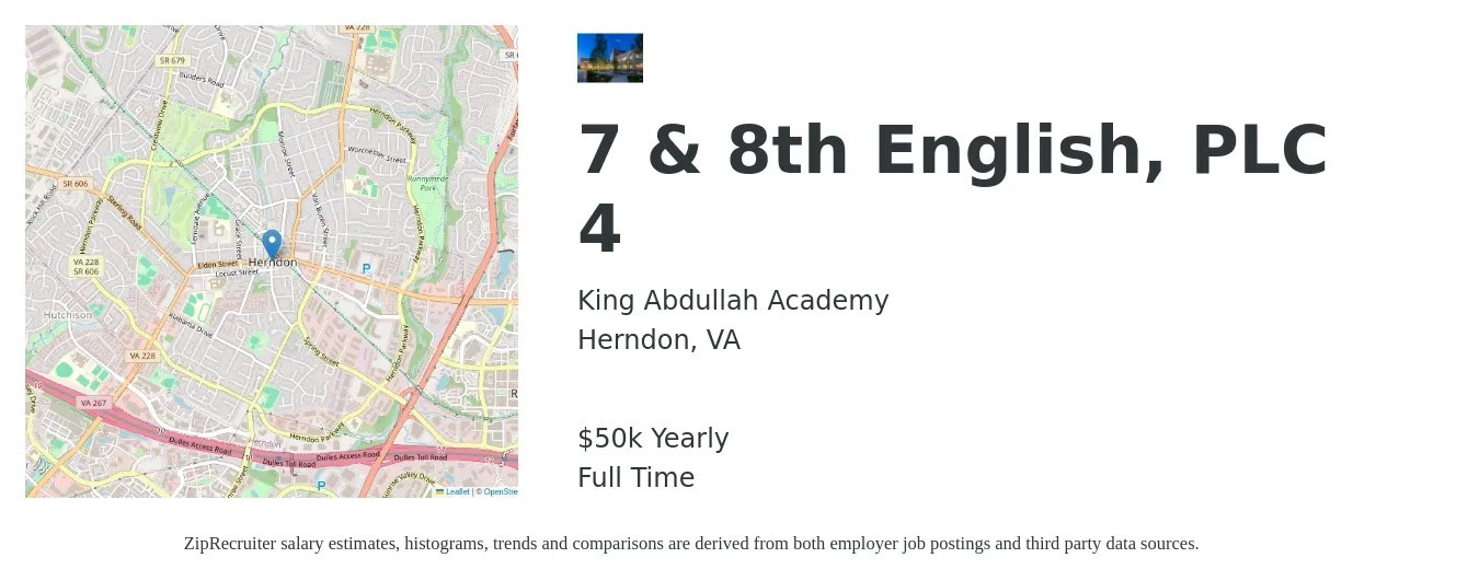 King Abdullah Academy job posting for a 7 & 8th English, PLC 4 in Herndon, VA with a salary of $50,794 Yearly with a map of Herndon location.