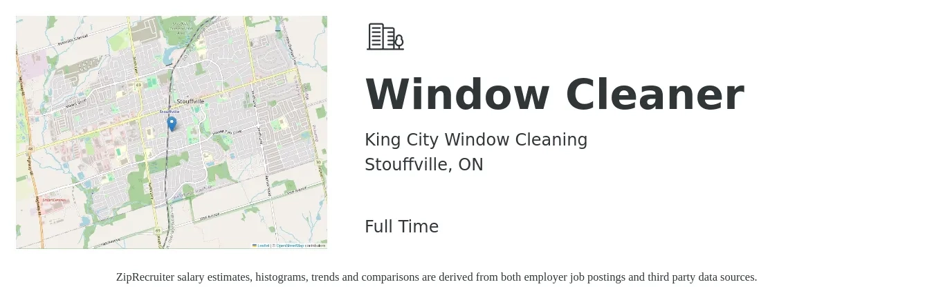 King City Window Cleaning job posting for a Window Cleaner in Stouffville, ON with a map of Stouffville location.