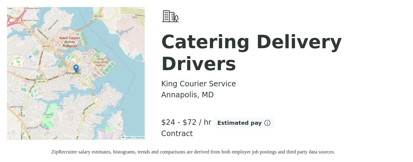 King Courier Service job posting for a Catering Delivery Drivers in Annapolis, MD with a salary of $25 to $75 Hourly with a map of Annapolis location.