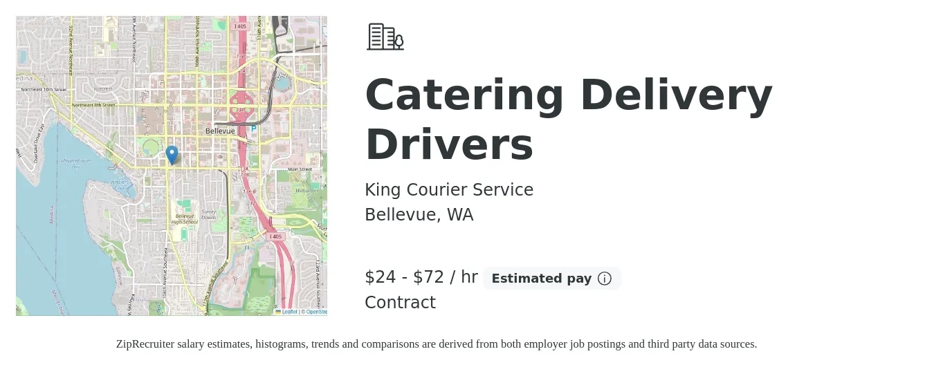 King Courier Service job posting for a Catering Delivery Drivers in Bellevue, WA with a salary of $25 to $75 Hourly with a map of Bellevue location.