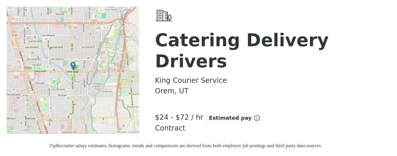 King Courier Service job posting for a Catering Delivery Drivers in Orem, UT with a salary of $25 to $75 Hourly with a map of Orem location.