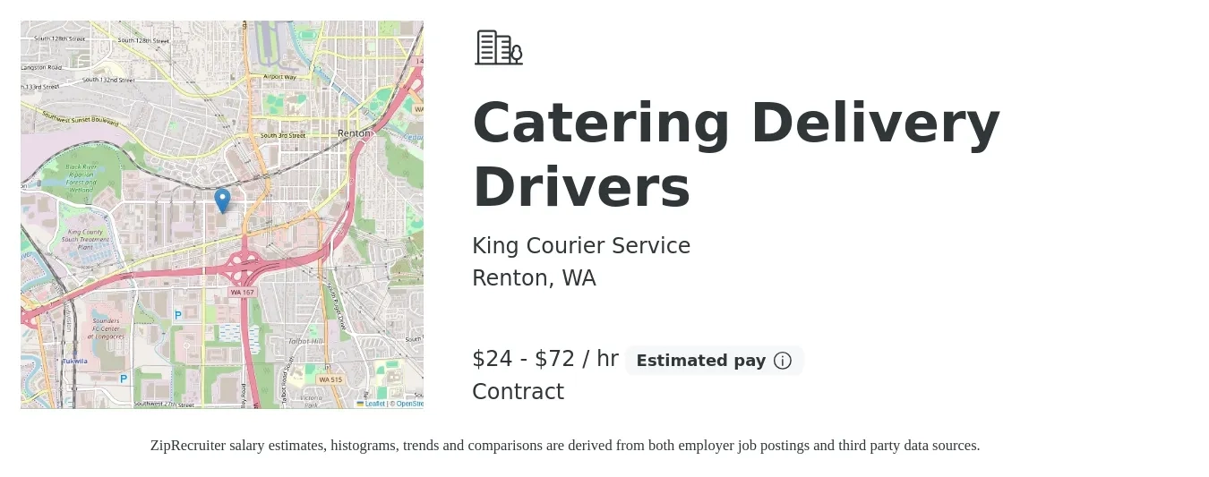 King Courier Service job posting for a Catering Delivery Drivers in Renton, WA with a salary of $25 to $75 Hourly with a map of Renton location.