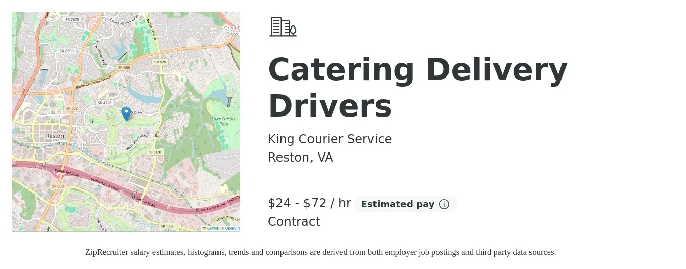 King Courier Service job posting for a Catering Delivery Drivers in Reston, VA with a salary of $25 to $75 Hourly with a map of Reston location.