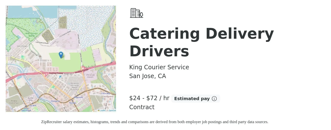 King Courier Service job posting for a Catering Delivery Drivers in San Jose, CA with a salary of $25 to $75 Hourly with a map of San Jose location.