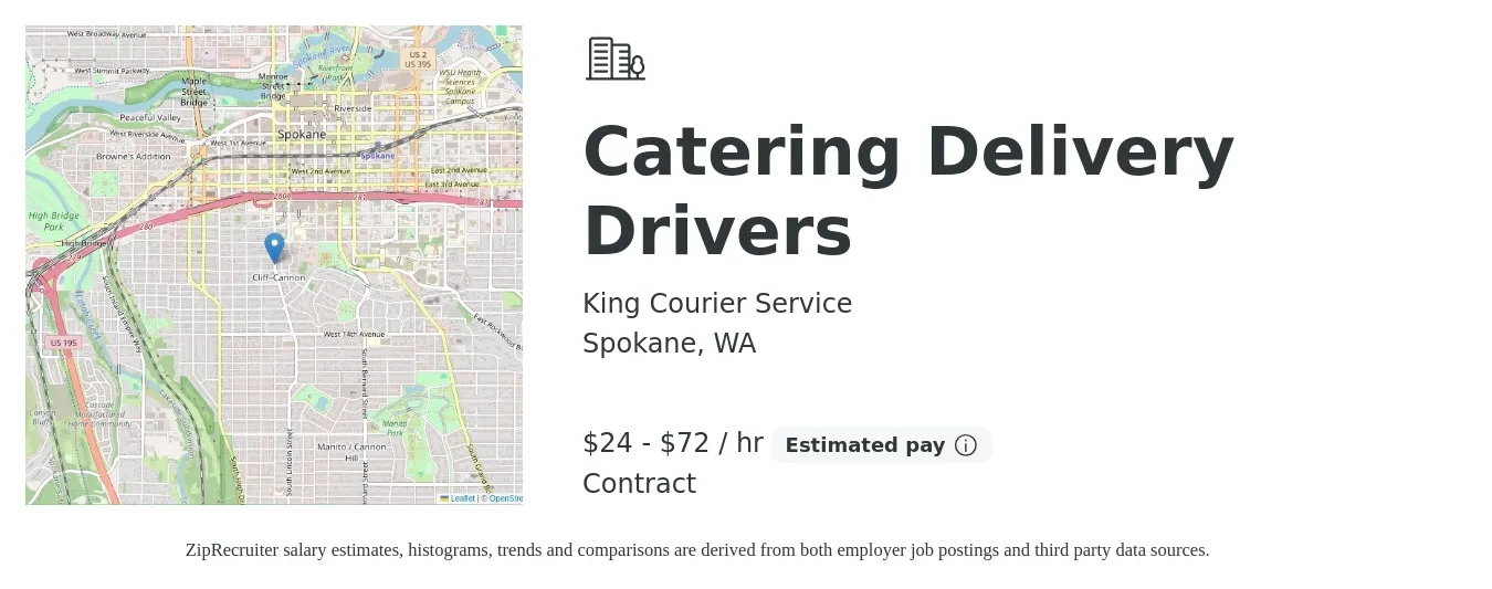 King Courier Service job posting for a Catering Delivery Drivers in Spokane, WA with a salary of $25 to $75 Hourly with a map of Spokane location.