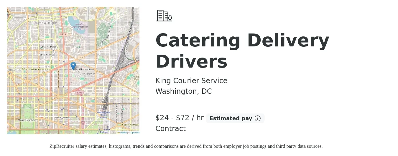 King Courier Service job posting for a Catering Delivery Drivers in Washington, DC with a salary of $25 to $75 Hourly with a map of Washington location.