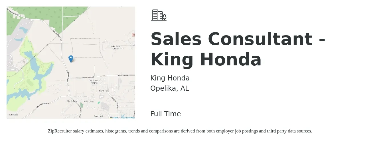 King Honda job posting for a Sales Consultant - King Honda in Opelika, AL with a salary of $37,200 to $73,000 Yearly with a map of Opelika location.