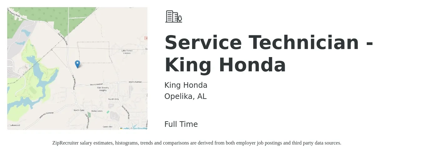 King Honda job posting for a Service Technician - King Honda in Opelika, AL with a salary of $18 to $28 Hourly with a map of Opelika location.