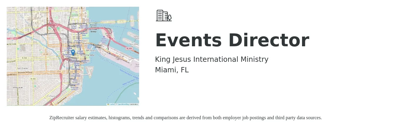 King Jesus International Ministry job posting for a Events Director in Miami, FL with a salary of $52,600 to $92,800 Yearly with a map of Miami location.