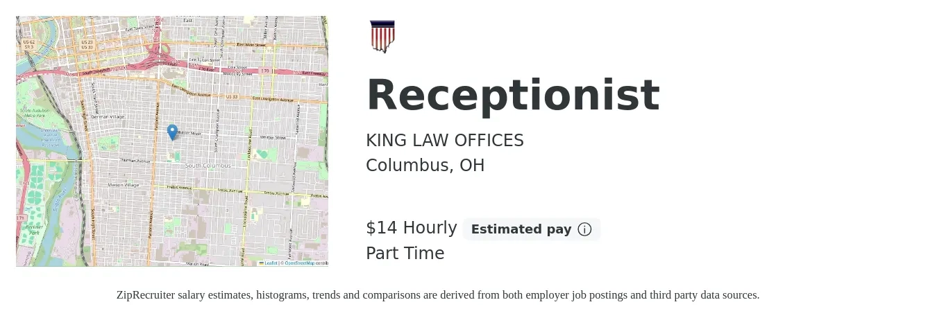 KING LAW OFFICES job posting for a Receptionist in Columbus, OH with a salary of $15 Hourly with a map of Columbus location.