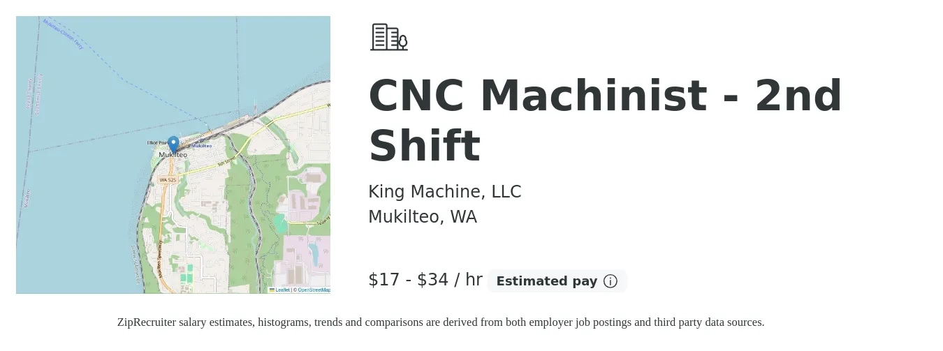 King Machine, LLC job posting for a CNC Machinist - 2nd Shift in Mukilteo, WA with a salary of $18 to $36 Hourly with a map of Mukilteo location.