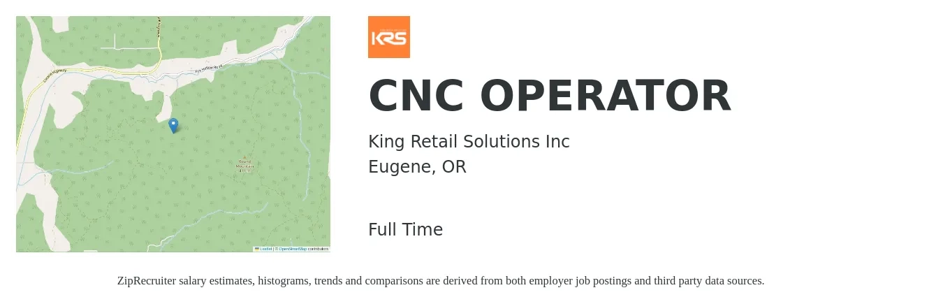 King Retail Solutions Inc job posting for a CNC OPERATOR in Eugene, OR with a salary of $20 to $28 Hourly with a map of Eugene location.