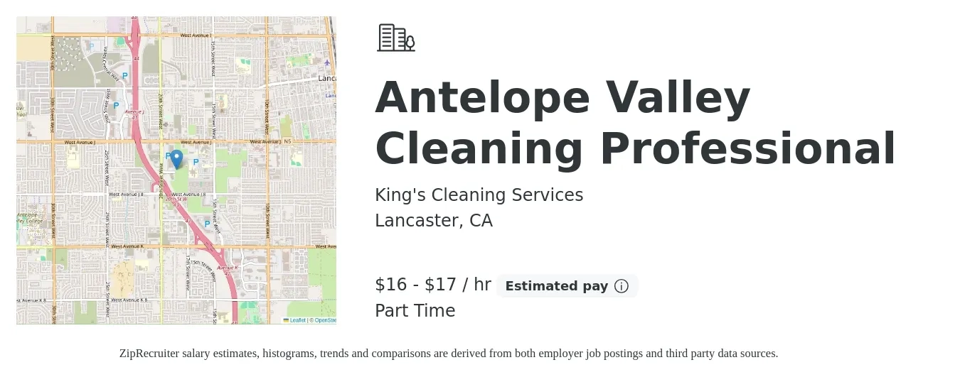King's Cleaning Services job posting for a Antelope Valley Cleaning Professional in Lancaster, CA with a salary of $17 to $18 Hourly with a map of Lancaster location.