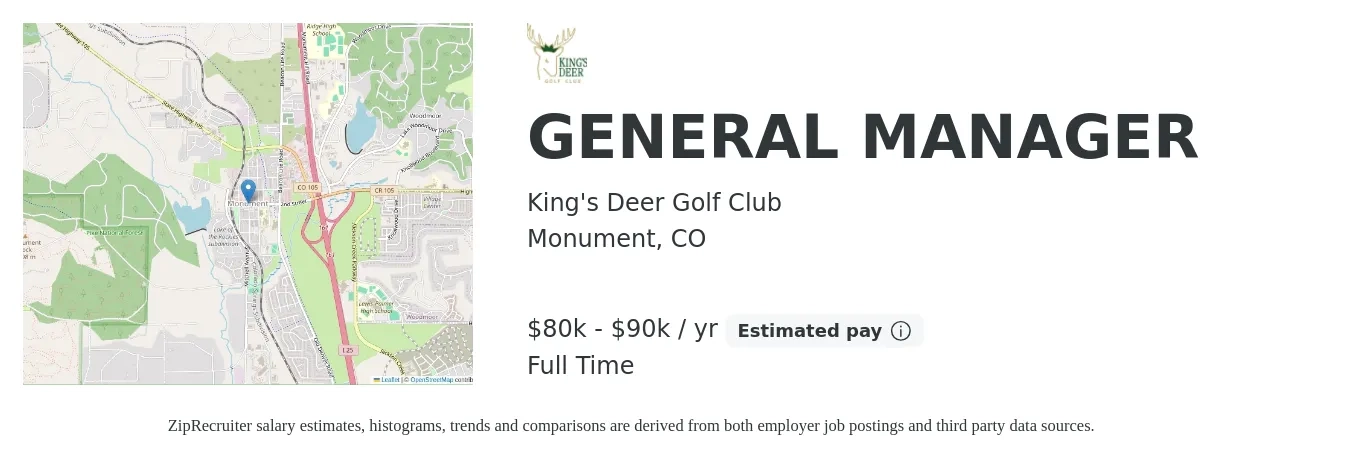 King's Deer Golf Club job posting for a GENERAL MANAGER in Monument, CO with a salary of $80,000 to $90,000 Yearly with a map of Monument location.