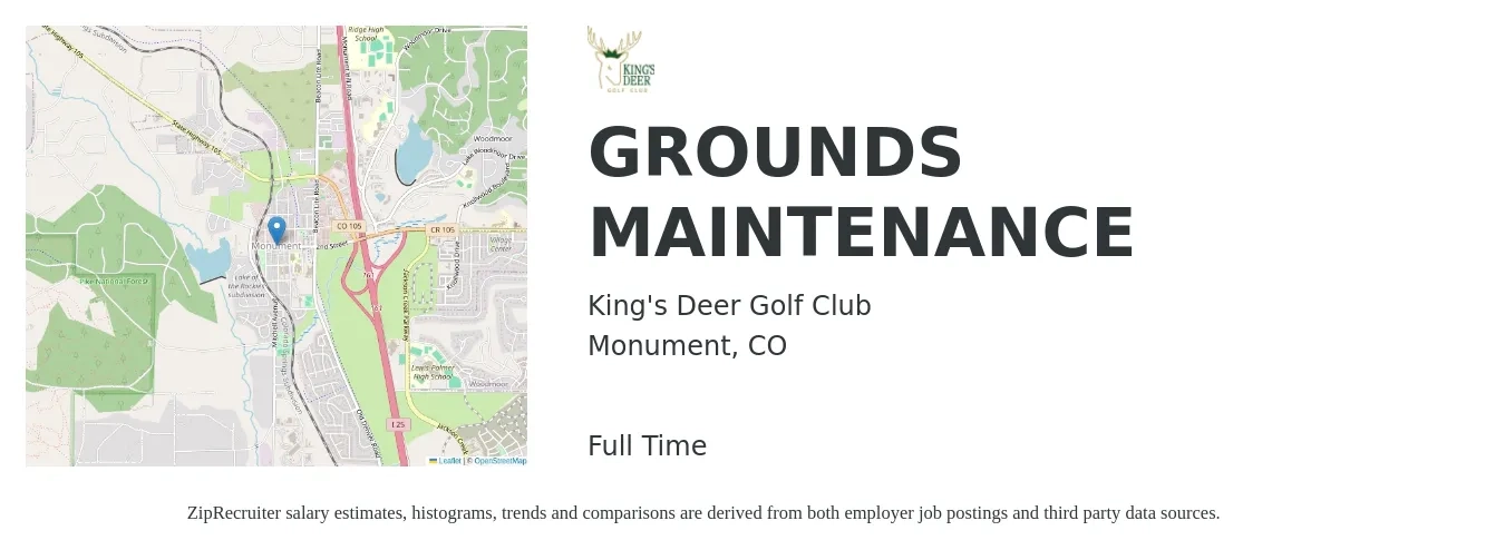 King's Deer Golf Club job posting for a GROUNDS MAINTENANCE in Monument, CO with a salary of $14 to $19 Hourly with a map of Monument location.
