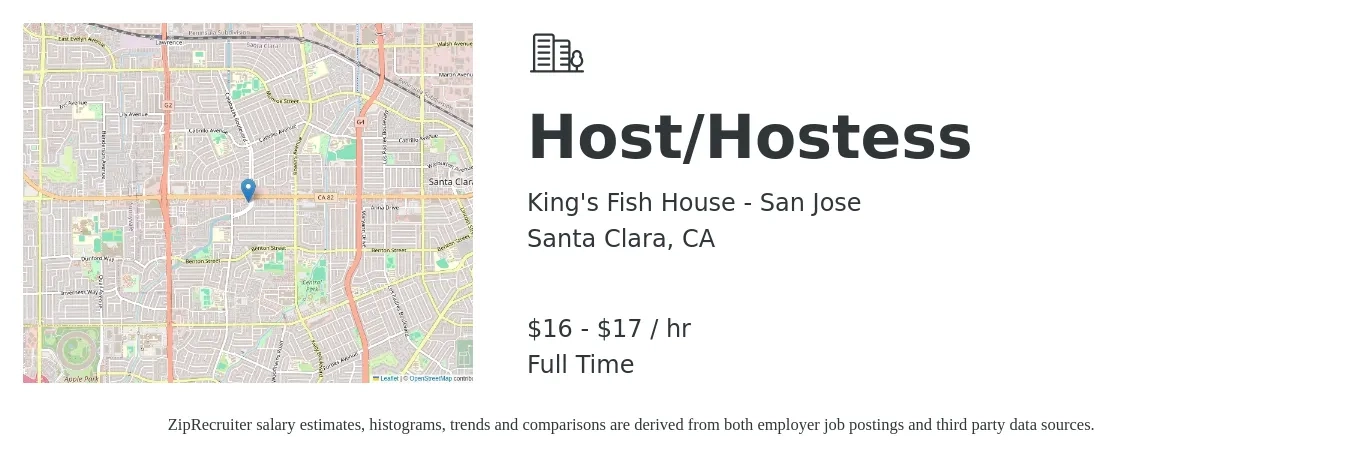 King's Fish House - San Jose job posting for a Host/Hostess in Santa Clara, CA with a salary of $18 to $18 Hourly with a map of Santa Clara location.