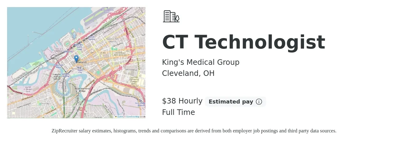 King's Medical Group job posting for a CT Technologist in Cleveland, OH with a salary of $40 Hourly with a map of Cleveland location.