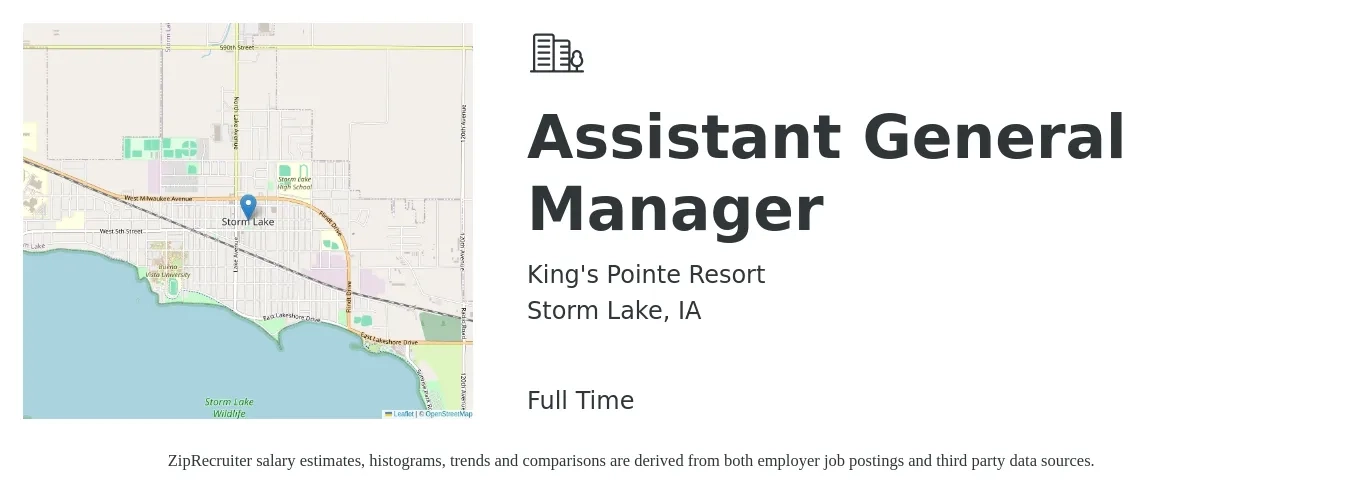 King's Pointe Resort job posting for a Assistant General Manager in Storm Lake, IA with a salary of $14 to $22 Hourly with a map of Storm Lake location.