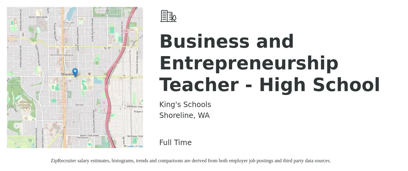 King's Schools job posting for a Business and Entrepreneurship Teacher - High School in Shoreline, WA with a salary of $50,000 to $93,888 Yearly with a map of Shoreline location.