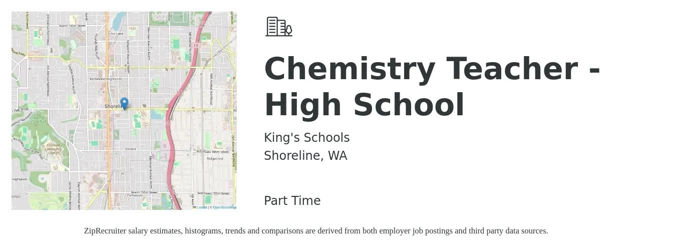 King's Schools job posting for a Chemistry Teacher - High School in Shoreline, WA with a salary of $16,667 to $31,296 Yearly with a map of Shoreline location.