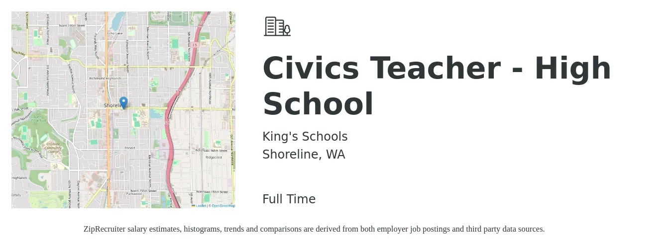 King's Schools job posting for a Civics Teacher - High School in Shoreline, WA with a salary of $50,000 to $93,888 Yearly with a map of Shoreline location.