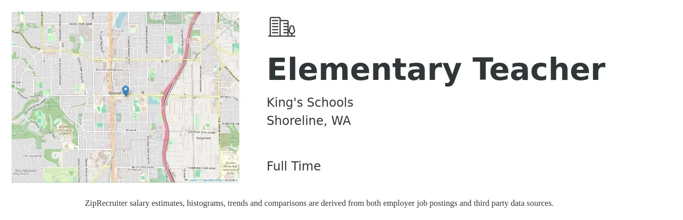 King's Schools job posting for a Elementary Teacher in Shoreline, WA with a salary of $50,000 to $93,888 Yearly with a map of Shoreline location.