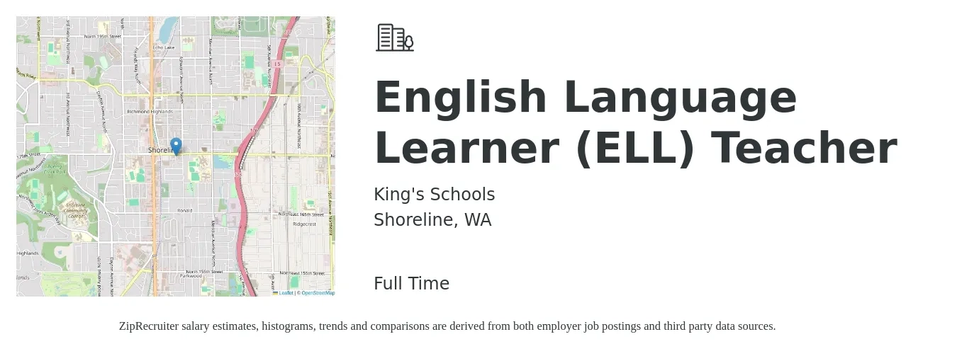 King's Schools job posting for a English Language Learner (ELL) Teacher in Shoreline, WA with a salary of $42,500 to $79,805 Yearly with a map of Shoreline location.