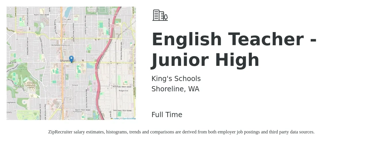 King's Schools job posting for a English Teacher - Junior High in Shoreline, WA with a salary of $50,000 to $93,888 Yearly with a map of Shoreline location.