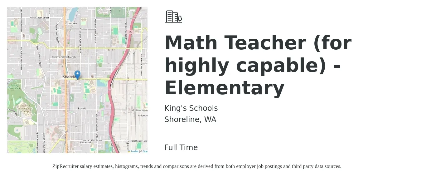 King's Schools job posting for a Math Teacher (for highly capable) - Elementary in Shoreline, WA with a salary of $50,000 to $93,888 Yearly with a map of Shoreline location.